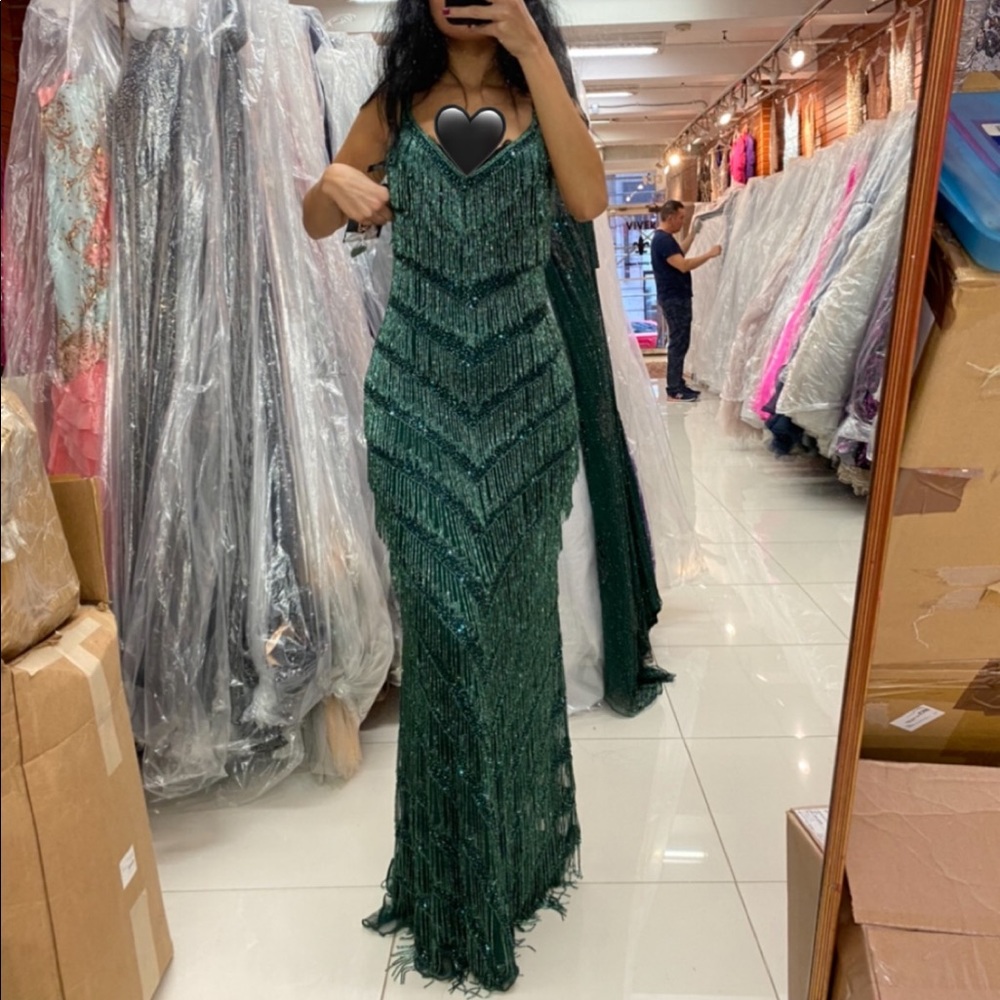COPY - Primavera couture Forest green fringe beaded gown NWT!